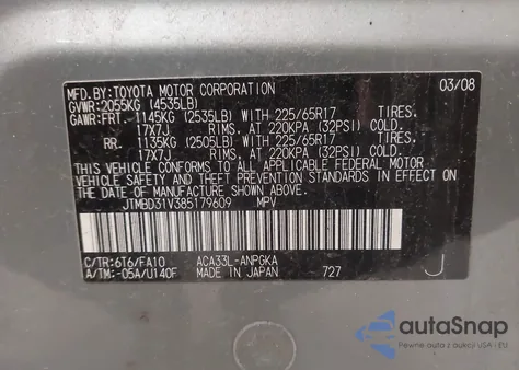 2008 Toyota Rav4 Limited z USA, uszkodzony, nr VIN JTMBD31V385179609